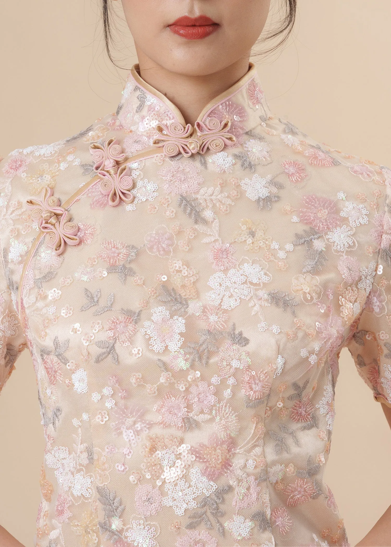 Short Sleeves Lace Qipao (Beige Pink)