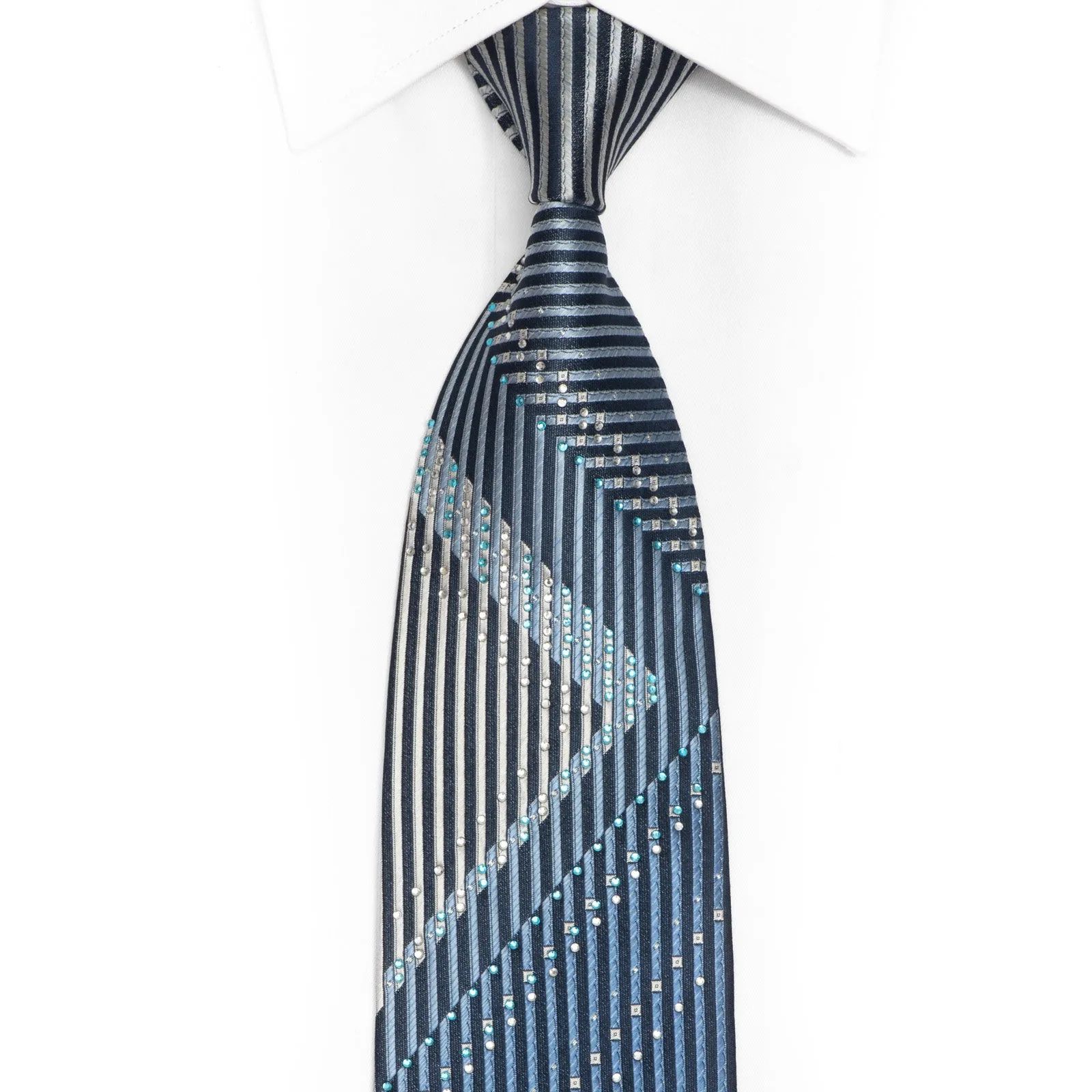 Silver Blue Chevron Striped Design Rhinestone Silk Necktie With Sparkles