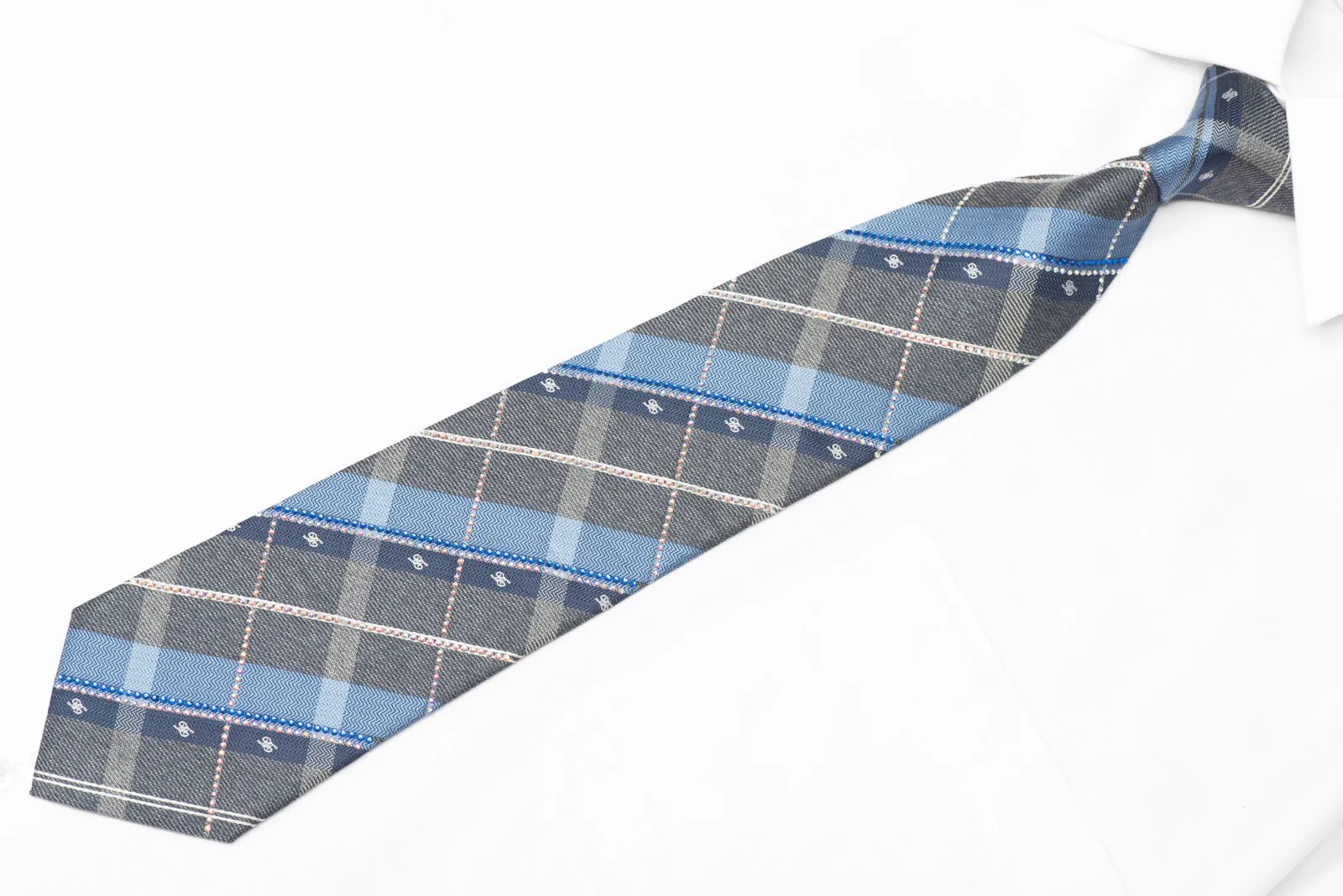 Silver Gray Blue Plaid Design Rhinestone Silk Necktie