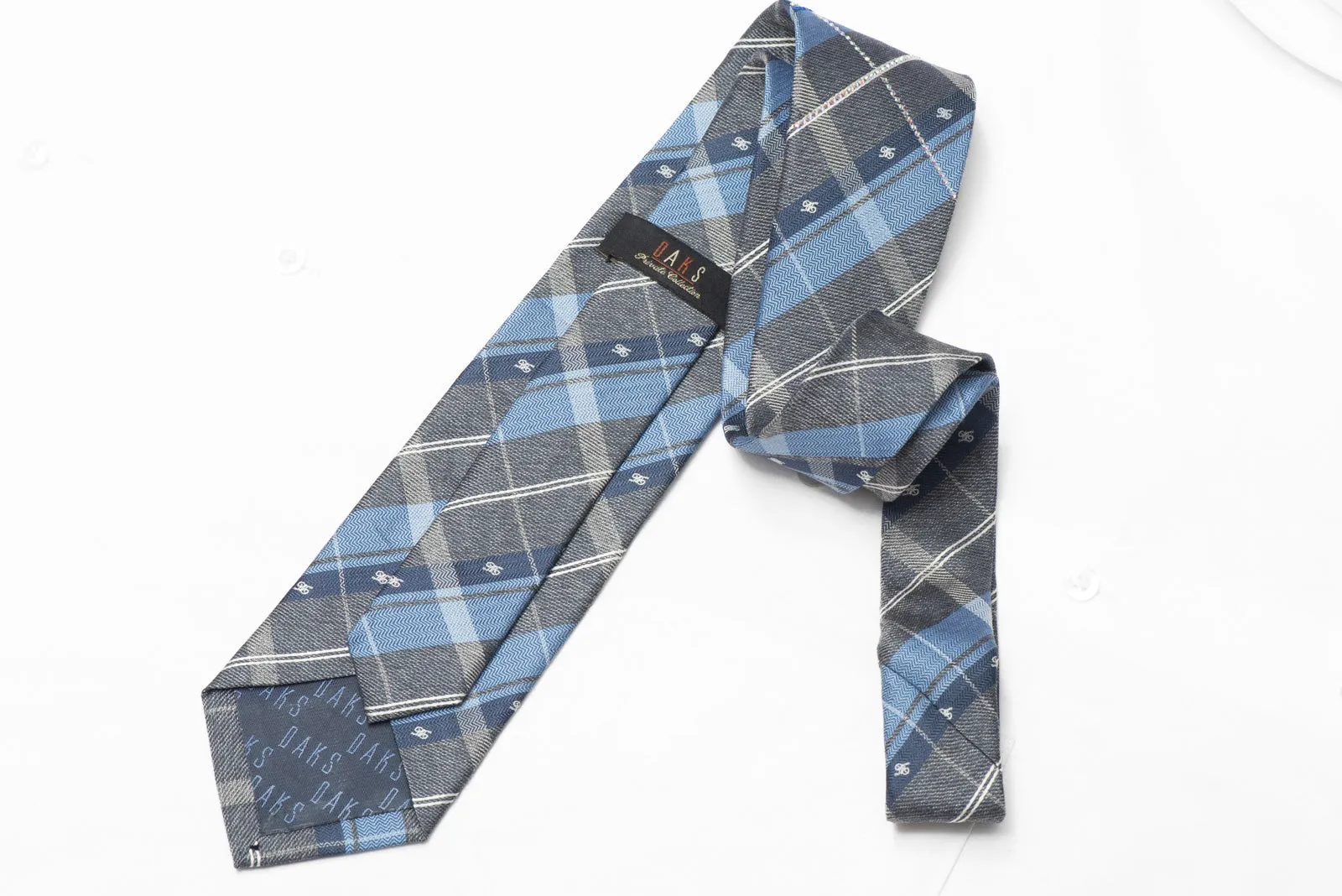 Silver Gray Blue Plaid Design Rhinestone Silk Necktie