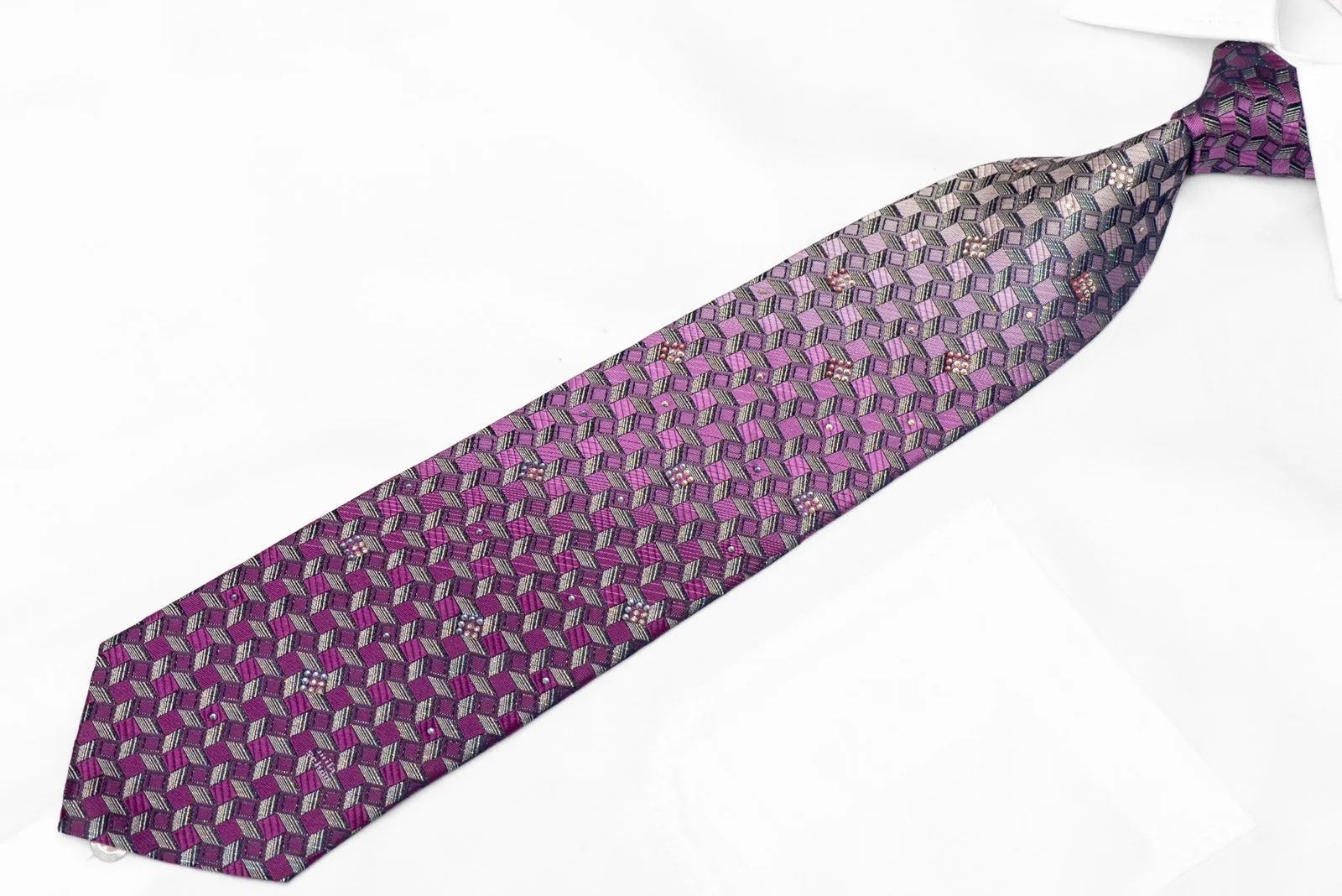 Silver Purple Geometric Rhinestone Silk Necktie With Silver Sparkles