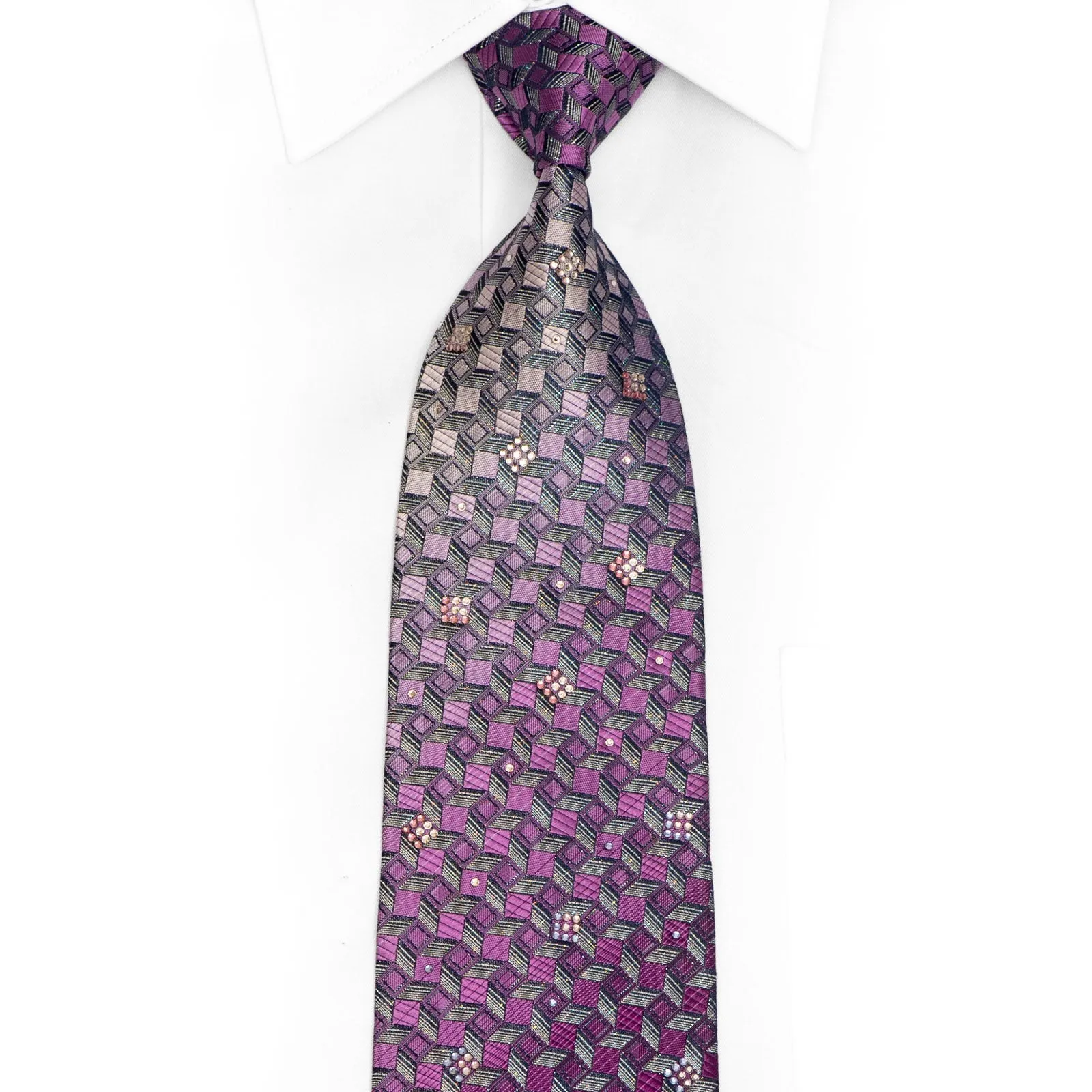 Silver Purple Geometric Rhinestone Silk Necktie With Silver Sparkles