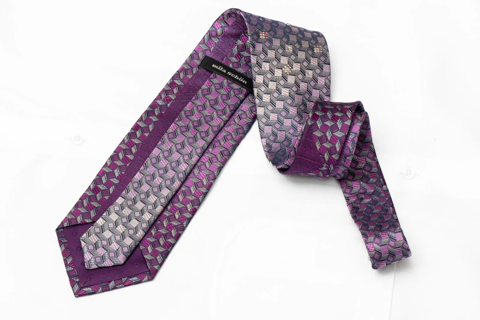 Silver Purple Geometric Rhinestone Silk Necktie With Silver Sparkles