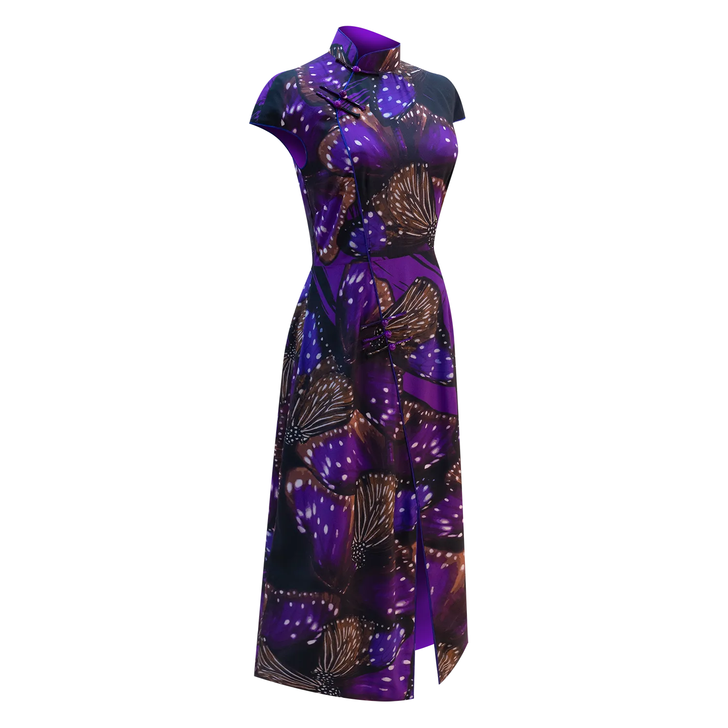 SPARKLE BY KAREN CHAN x Fung Yuen Butterfly Reserve【BLUE SPOTTED CROW】100% Silk Cheongsam (Cap Sleeve) (藍點紫斑蝶)