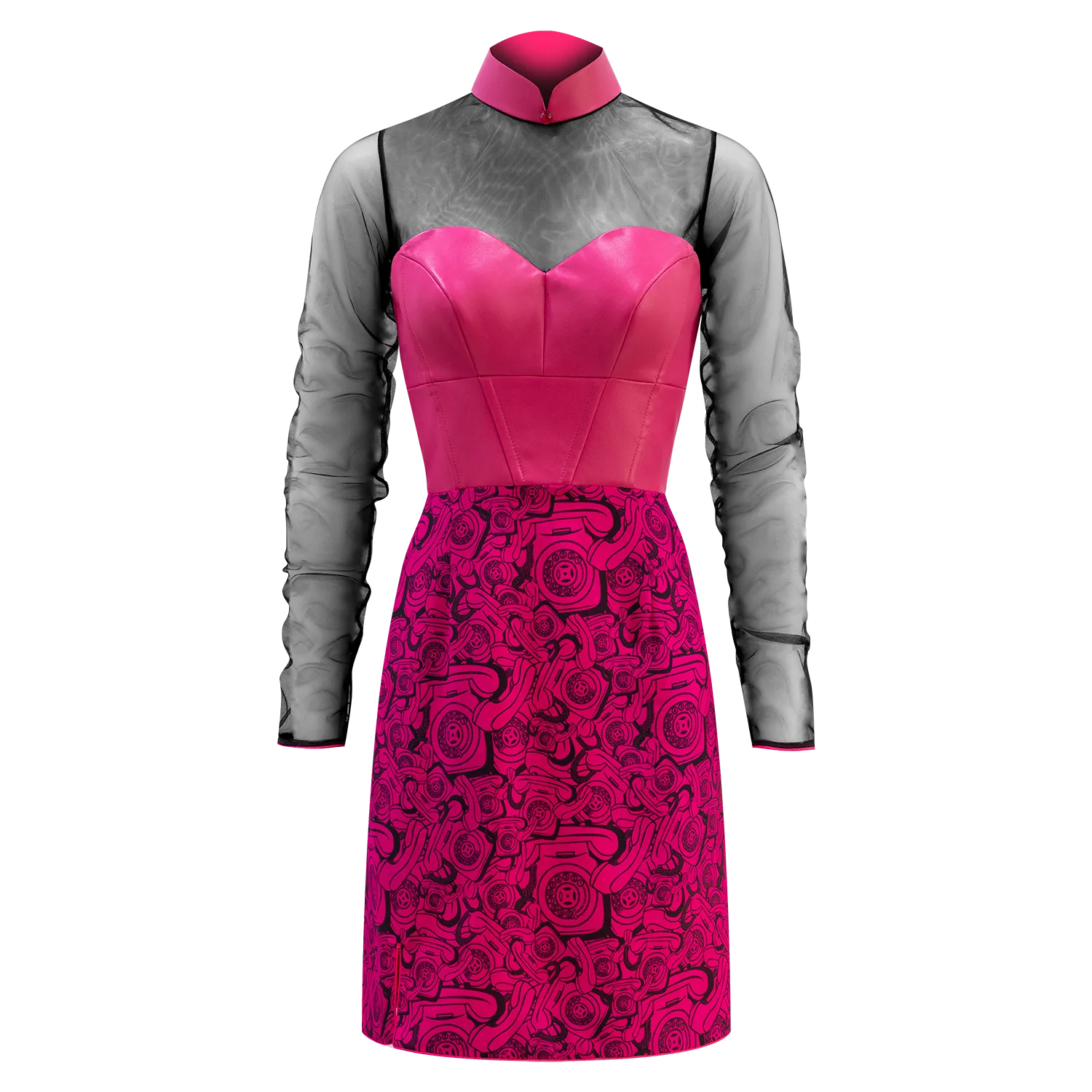 SPARKLE BY KAREN CHAN x  HK Heritage Museum【ROTARY TELEPHONE】100% Silk & Leather Black pink Cheongsam Party Dress (我愛紫紅) (電話)