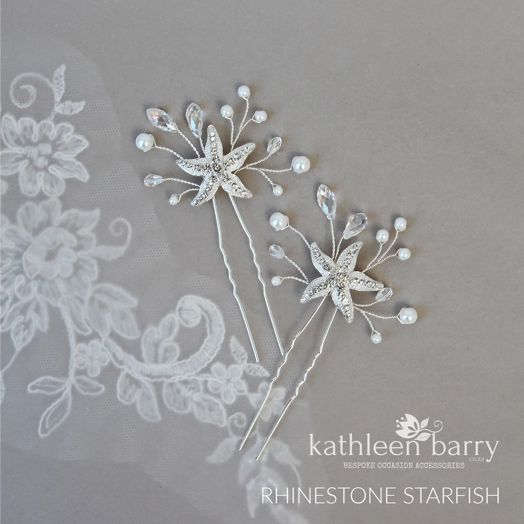 Starfish hair pin rhinestone, crystal and pearl - sea star beach wedding - Sold Individually