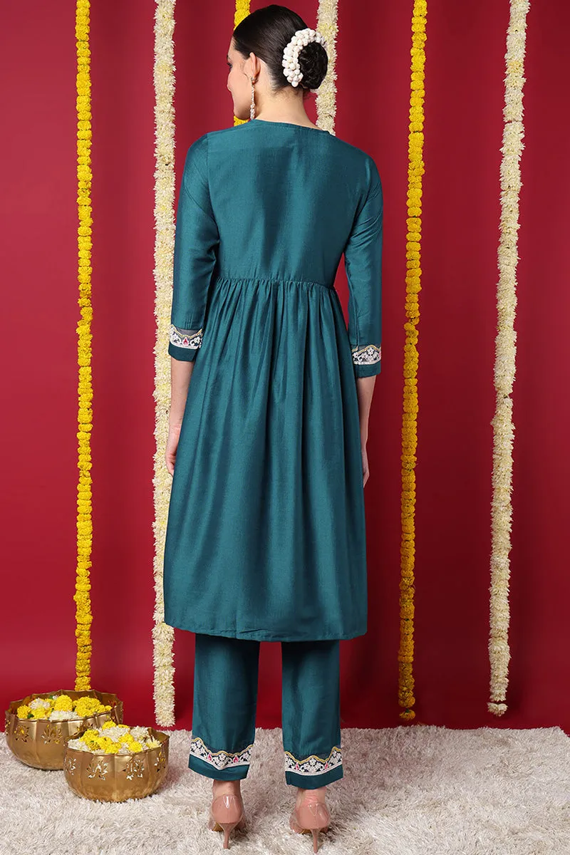 Teal Silk Blend Solid Embroidered Flared Kurta Set