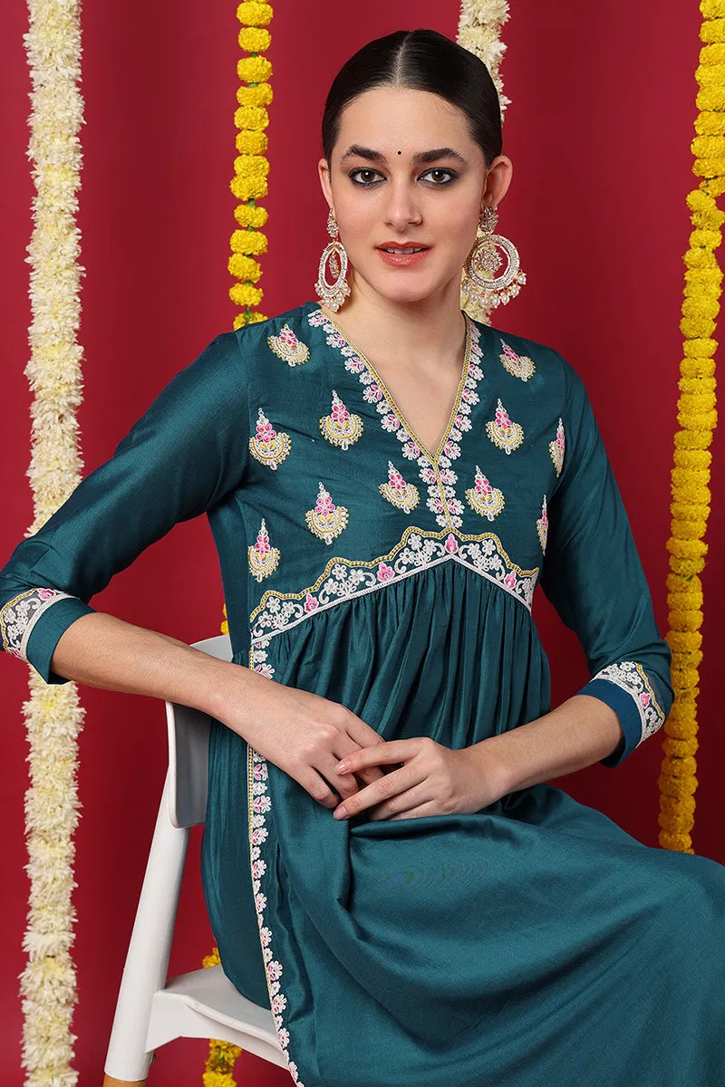 Teal Silk Blend Solid Embroidered Flared Kurta Set