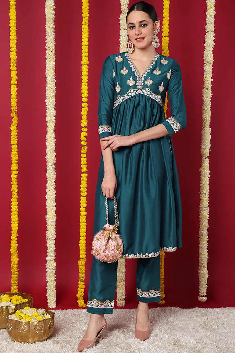 Teal Silk Blend Solid Embroidered Flared Kurta Set