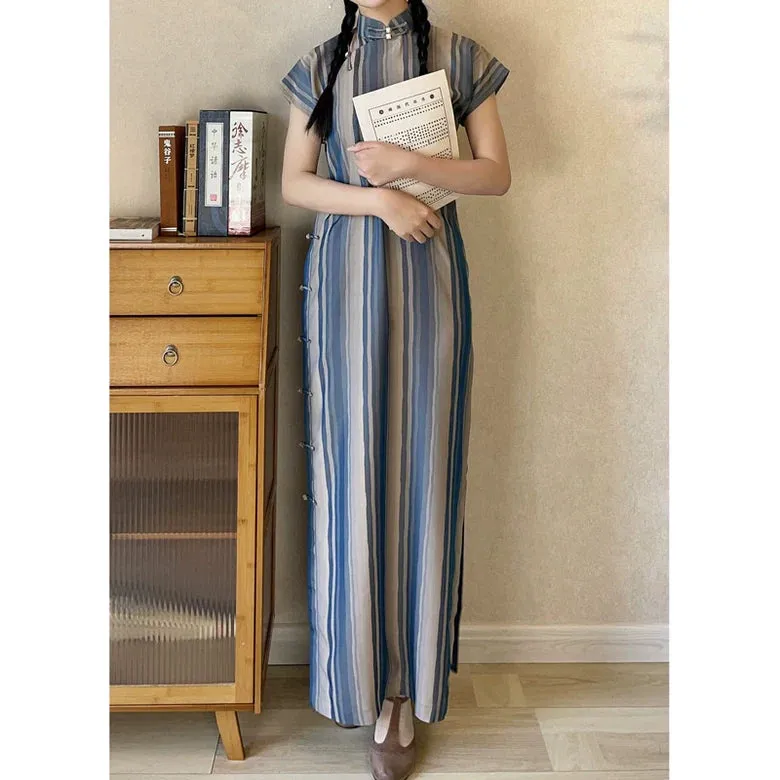 Tiao Wen 条纹 Striped 1940s Republic of China Short Sleeve Qipao