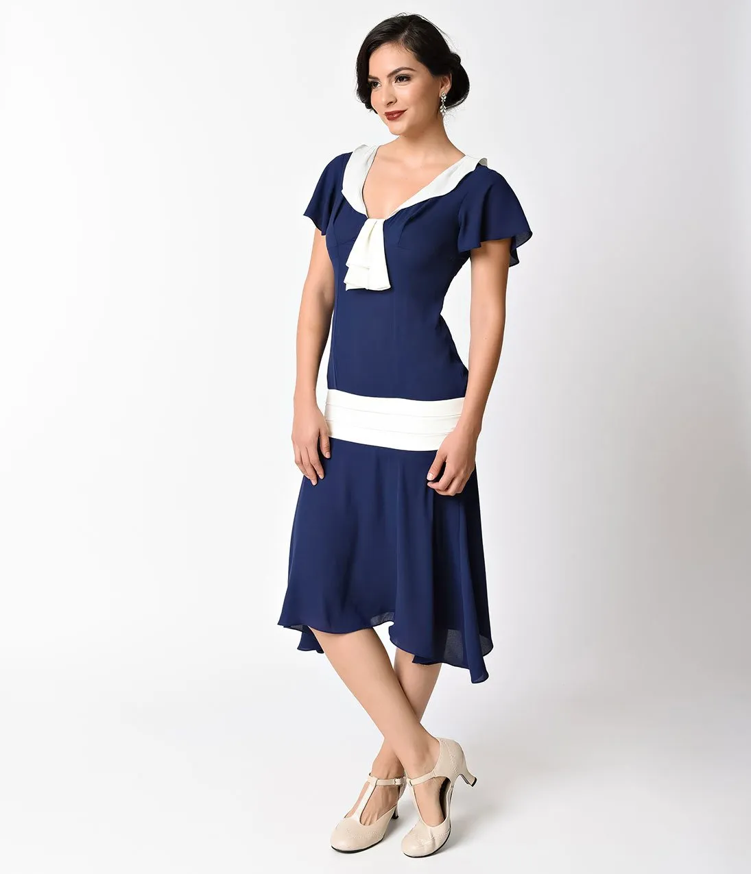 Unique Vintage 1920s Style Navy Blue & Ivory Wilshire Chiffon Flapper Day Dress