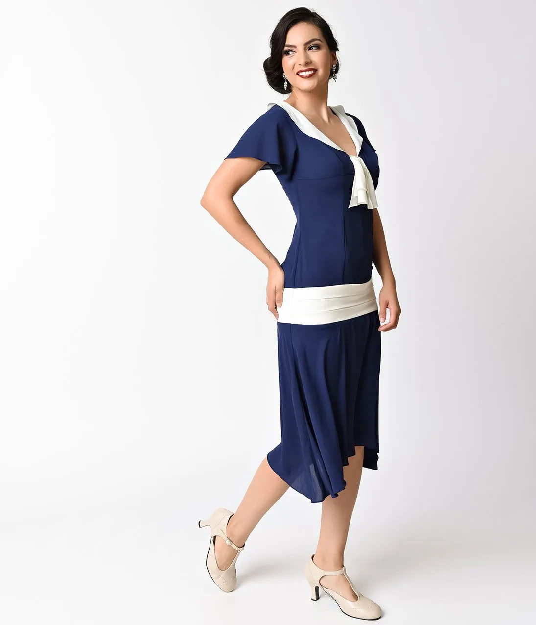 Unique Vintage 1920s Style Navy Blue & Ivory Wilshire Chiffon Flapper Day Dress