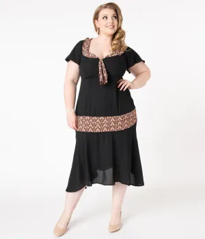 Unique Vintage Plus Size 1920s Black & Deco Print Wilshire Flapper Day Dress