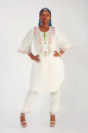 White Embroidered Spanish Linen Kurta Set