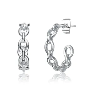 White Gold Plated Sterling Silver Modern Chain Link C-Hoop Earrings