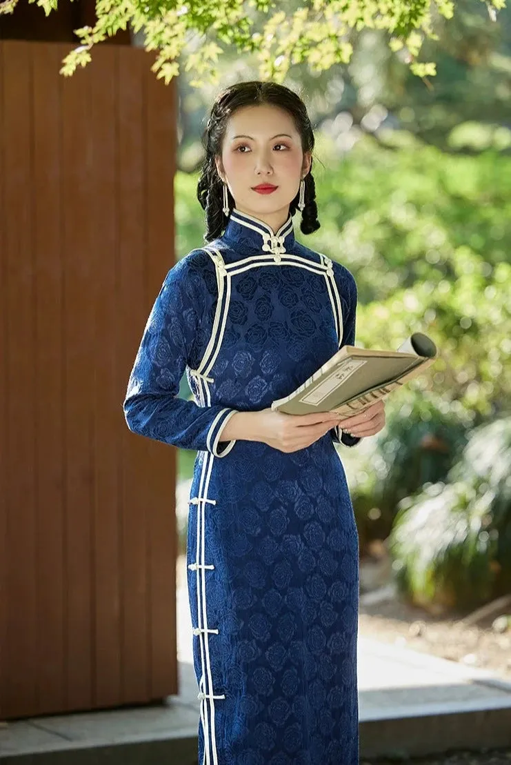 Yin Dan 阴丹 Shaded Peony 1930s Contrast Trim Long Sleeve Qipao