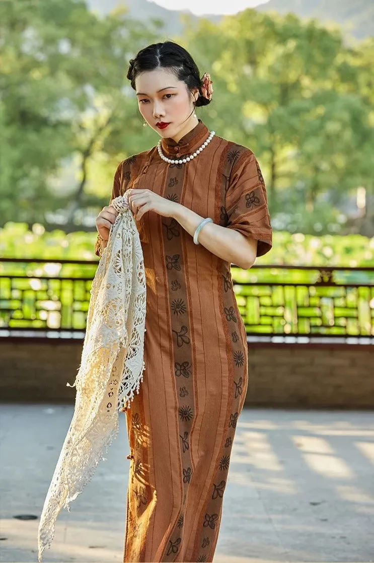 Yin Xin 银杏 Gingko Leaf 1920s Cotton Linen Bell Sleeve Qipao