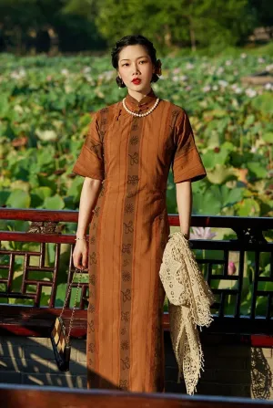 Yin Xin 银杏 Gingko Leaf 1920s Cotton Linen Bell Sleeve Qipao