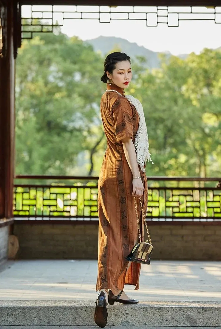 Yin Xin 银杏 Gingko Leaf 1920s Cotton Linen Bell Sleeve Qipao