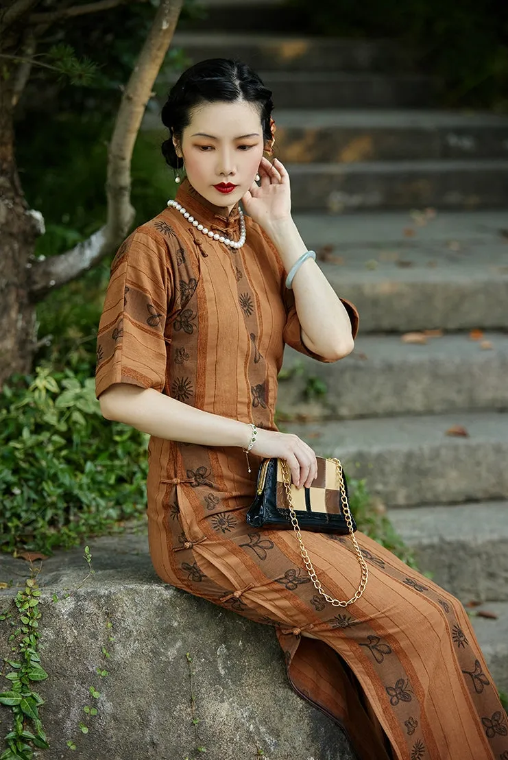 Yin Xin 银杏 Gingko Leaf 1920s Cotton Linen Bell Sleeve Qipao