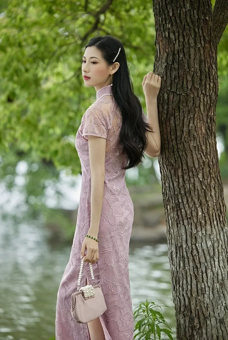 Yue 月 Moon 1920s Inspired Floral Lace Sheer Qipao